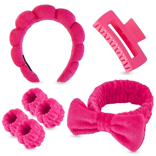 7 Pcs Spa Set, Facial Headband and Wristband Set, Skincare Accessories, College Style Girl Gift, Hair Accessories for Women and Girls（Hot Pink）