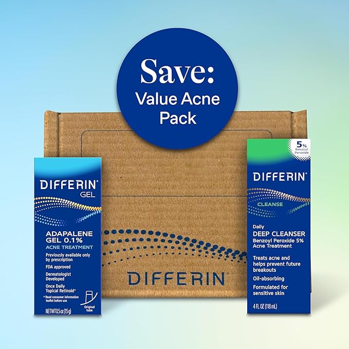 Differin Acne Skin Care Kit, Differin Gel Retinoid Acne Treatment for Face with 0.1% Adapalene & 5% Benzoyl Peroxide Face Wash & Body Wash, Designed for Pimple and Acne Prone Skin