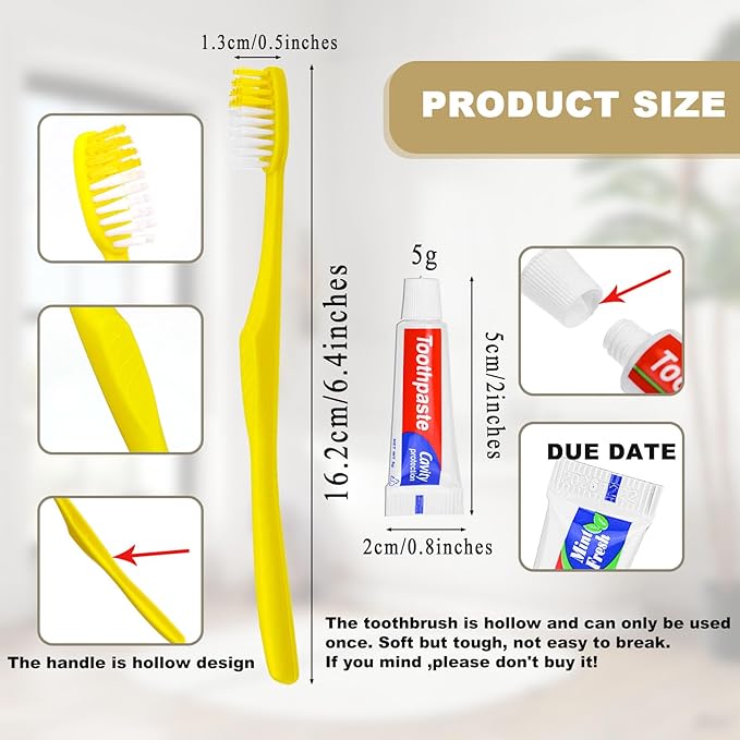 Disposable Toothbrushes with Toothpaste,1000 Pack Yellow Hollow Individually Wrapped Disposable Travel Toothbrushes Kit in Bulk for Homeless,Nursing Home,Hotel,Charity
