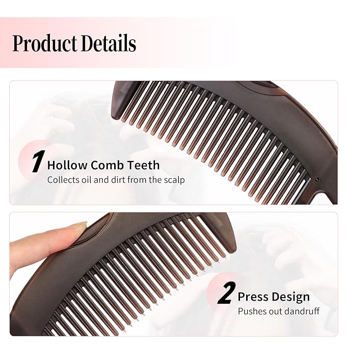 Dandruff Comb, Stainless Steel Fine Tooth Lice/Flea/Psoriasis Comb, Scalp Oil Buildup Removal Wide Hollow Tooth Button Hairbrush for Scalp Massage Care for Man Women and Kids, Set of 2 (Red)