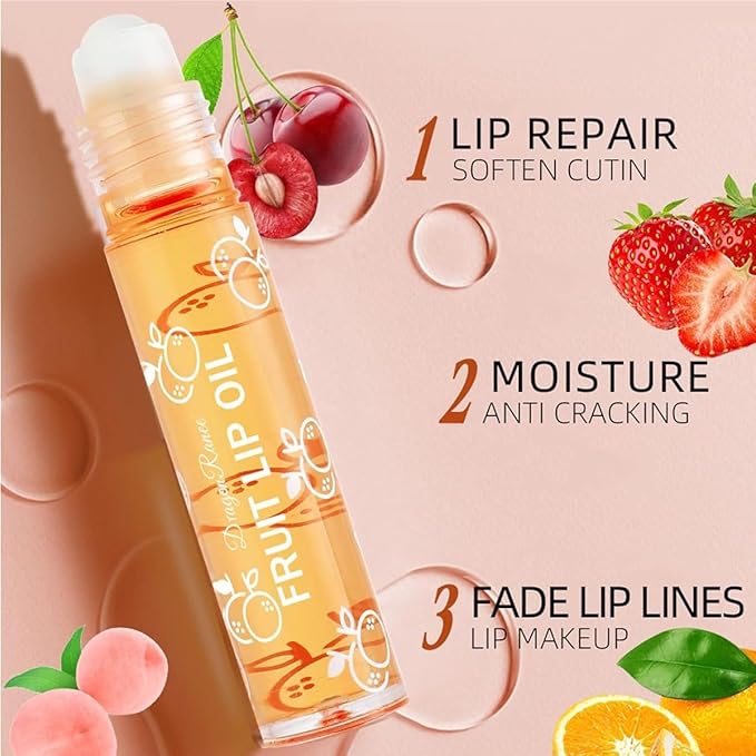6Pcs Roll-On Lip Gloss Set,Fruit Flavored Roll On Rollerball Lip Oil,Transparent Plumping Lip Gloss for Teens and Kids,Non Toxic Lip-Makeup Set