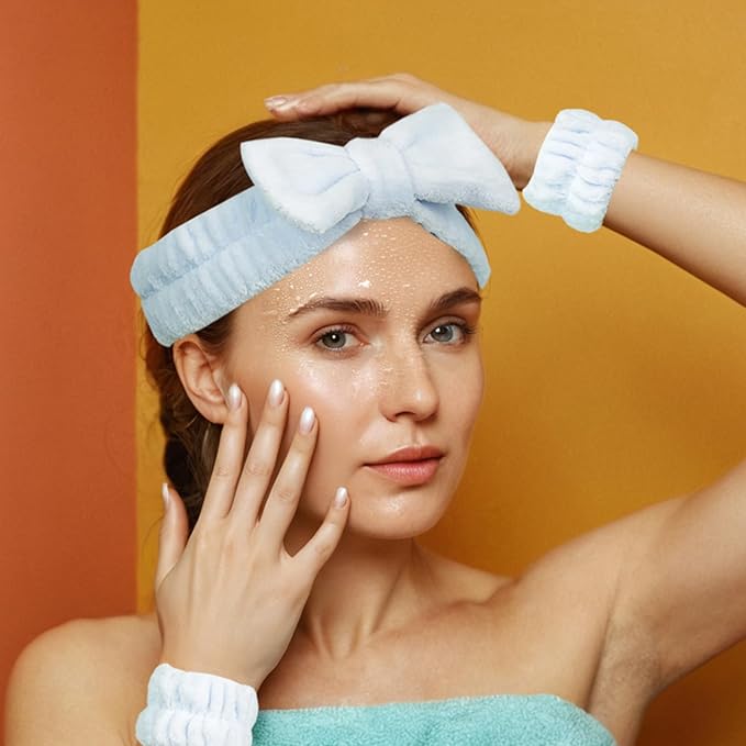 7 Pcs Spa Set, Facial Headband and Wristband Set, Skincare Accessories, College Style Girl Gift, Hair Accessories for Women and Girls (Blue)