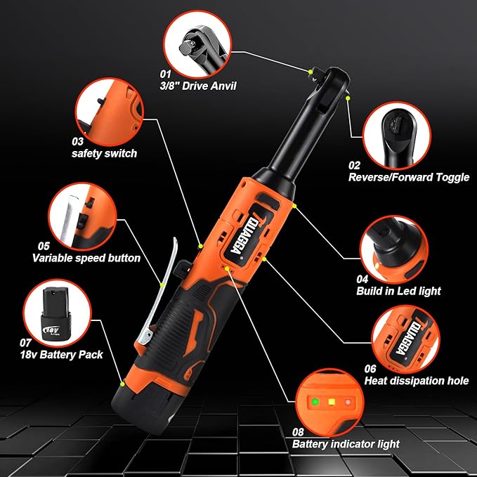 3/8" Cordless Electric Ratchet Wrench Set, 18V Power Ratchet Tool Kit With 2 Packs 2000mAh Battery And Charger, 45 FT-LBS Battery Powered Extended Wrench with LED Lights (18 V Extended Orange)