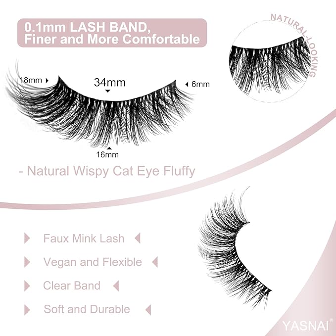 Cat Eye Mink Lashes Fluffy Eye Lashes Natural Look, Yasnai Wispy False Eyelashes Volume Thick Lashes Fake Lashes Natural Eyelashes 9 Pairs Pack 3D Faux Mink Eyelash
