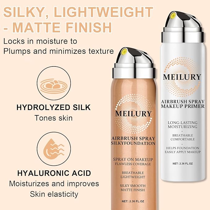 AirBrush Foundation Spray Set, Spray Foundation Makeup and Hydrating Face Air Primer Kit, Longwear Waterproof Liquid Matte Foundation Mist for Flawless Look (04 Porcelain)