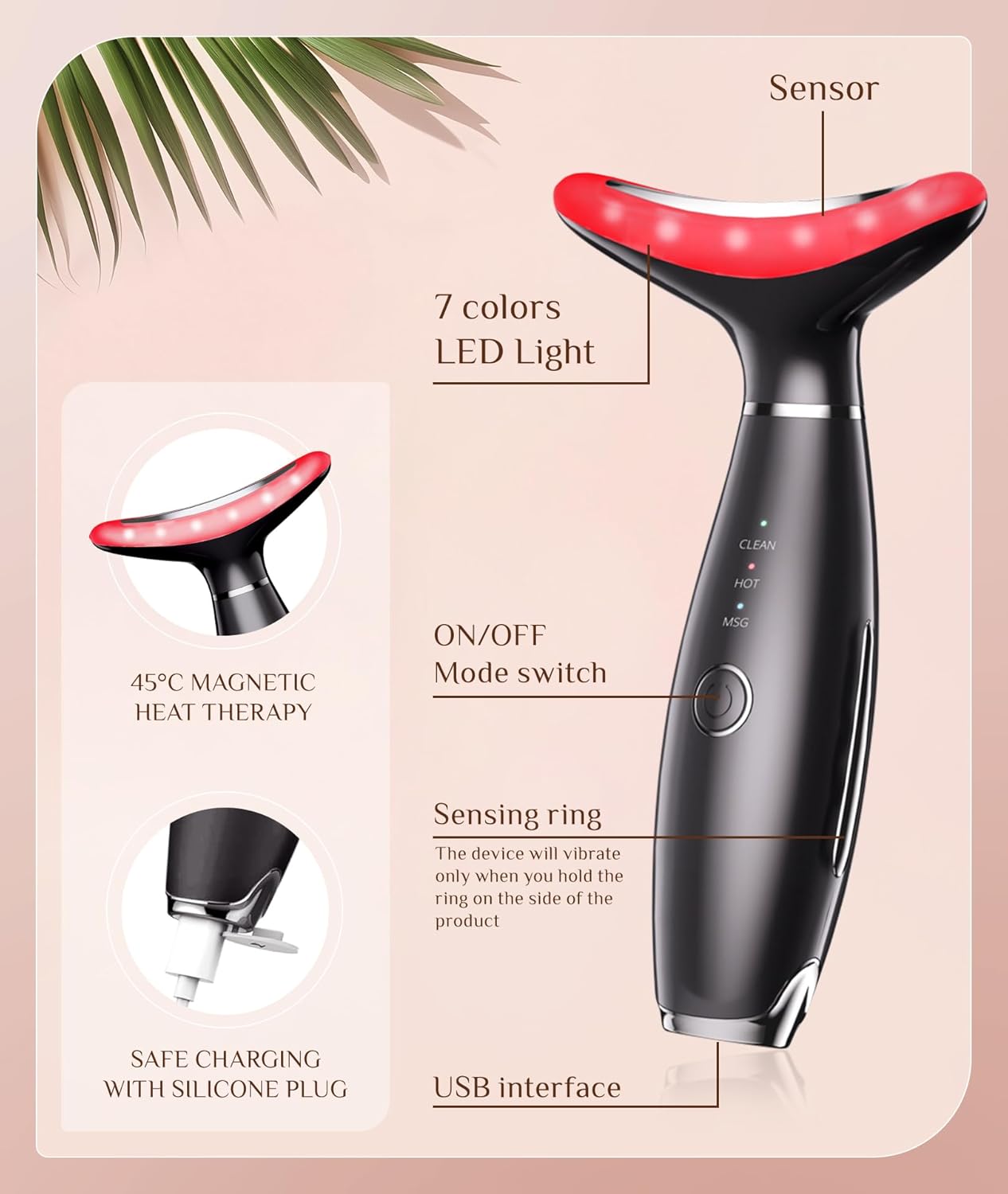 7 Color Galvanic Machines - Red Light Therapy for Face and Neck, Face Massager Tool for Wrinkles, Double Chin, Vibrating Facial Massager with Thermals, Black