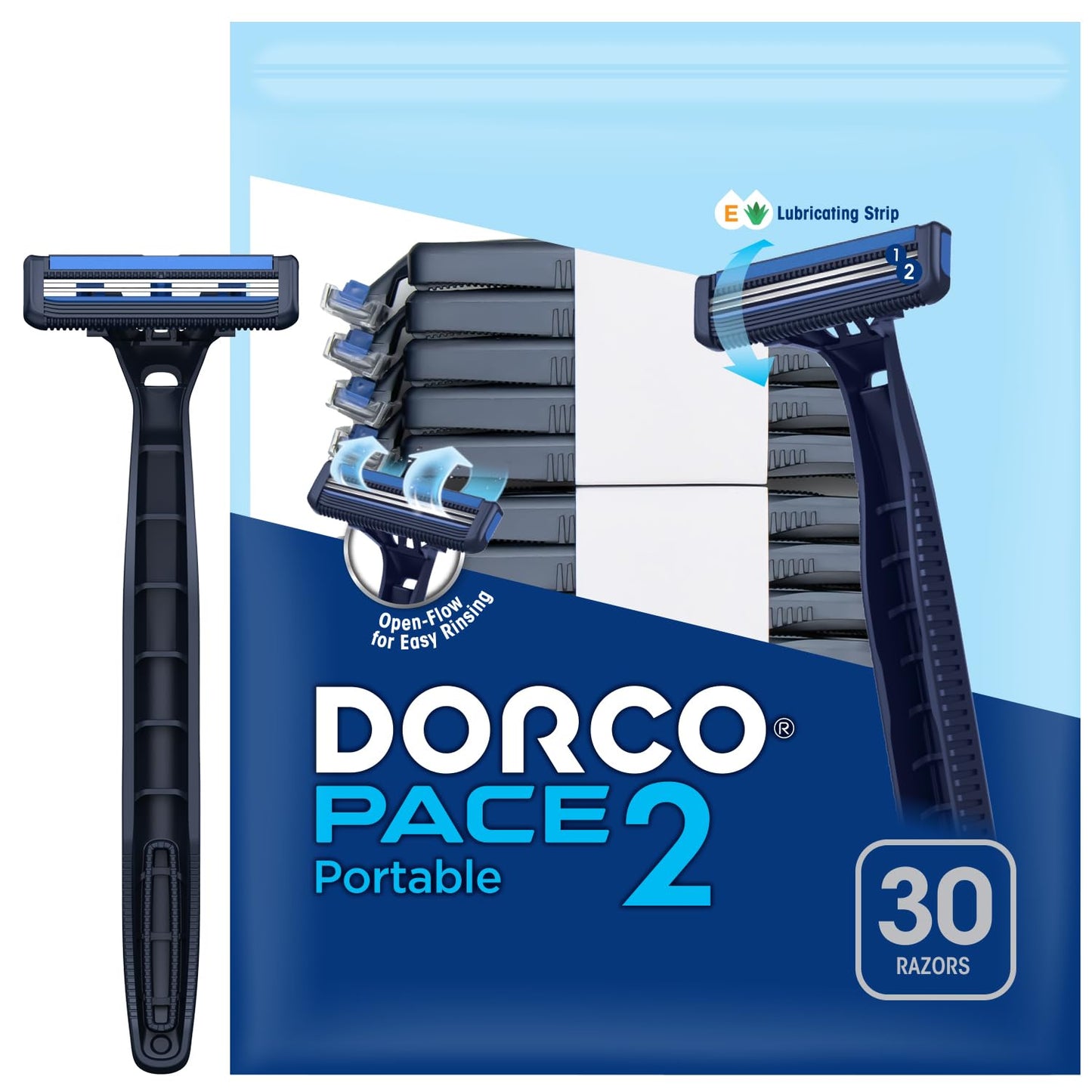 Dorco Pace 2 Disposable Razors for Men (30ct), 2 Blades Shaving Razor, Open-Flow for Easy Rinsing, Lubricating Strip for a Comfortable Shave, Ideal for Travel and Everyday Use