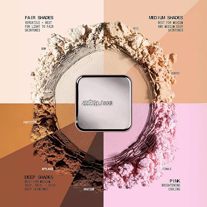 about-face Curtain Call Set & Smooth Loose Powder Ovation – Lightweight, Oil-Absorbing Setting Powder with Rice Starch & Corn-Based Talc Alternative – Vegan, Cruelty-Free – 0.35oz (Very Deep)