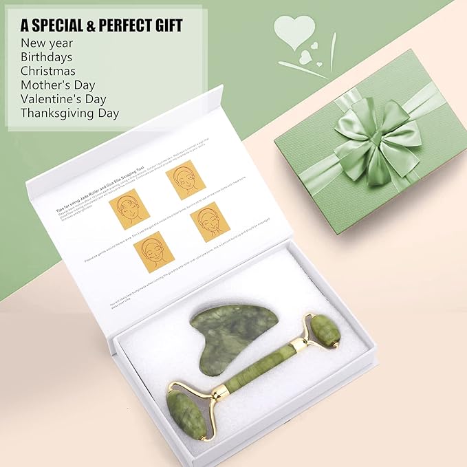 Deciniee Jade Roller and Gua Sha Set - Beauty Face Massager & Guasha Tool for Eye, Neck, Body - 2 in 1 Skin Care Massage Tools, Muscle Releaxing and Relieve Wrinkles