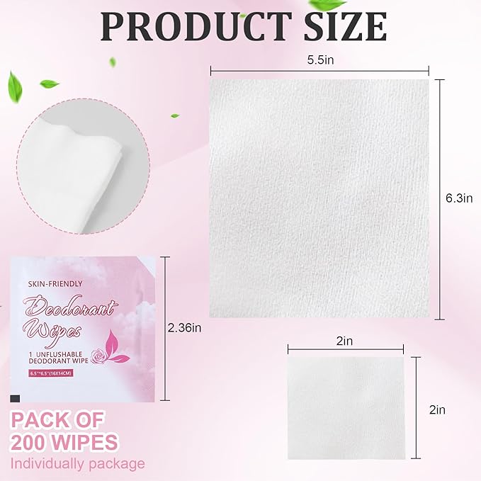 200 Pcs Deodorant Wipes Individually Wrapped, Mini Travel Size Wet Antiperspirant Wipes for Armpit, Hands, Face, Butt, Bulk Personal Cleansing Wipe for Women, Men, Homeless, Sports, Travel(Rose)
