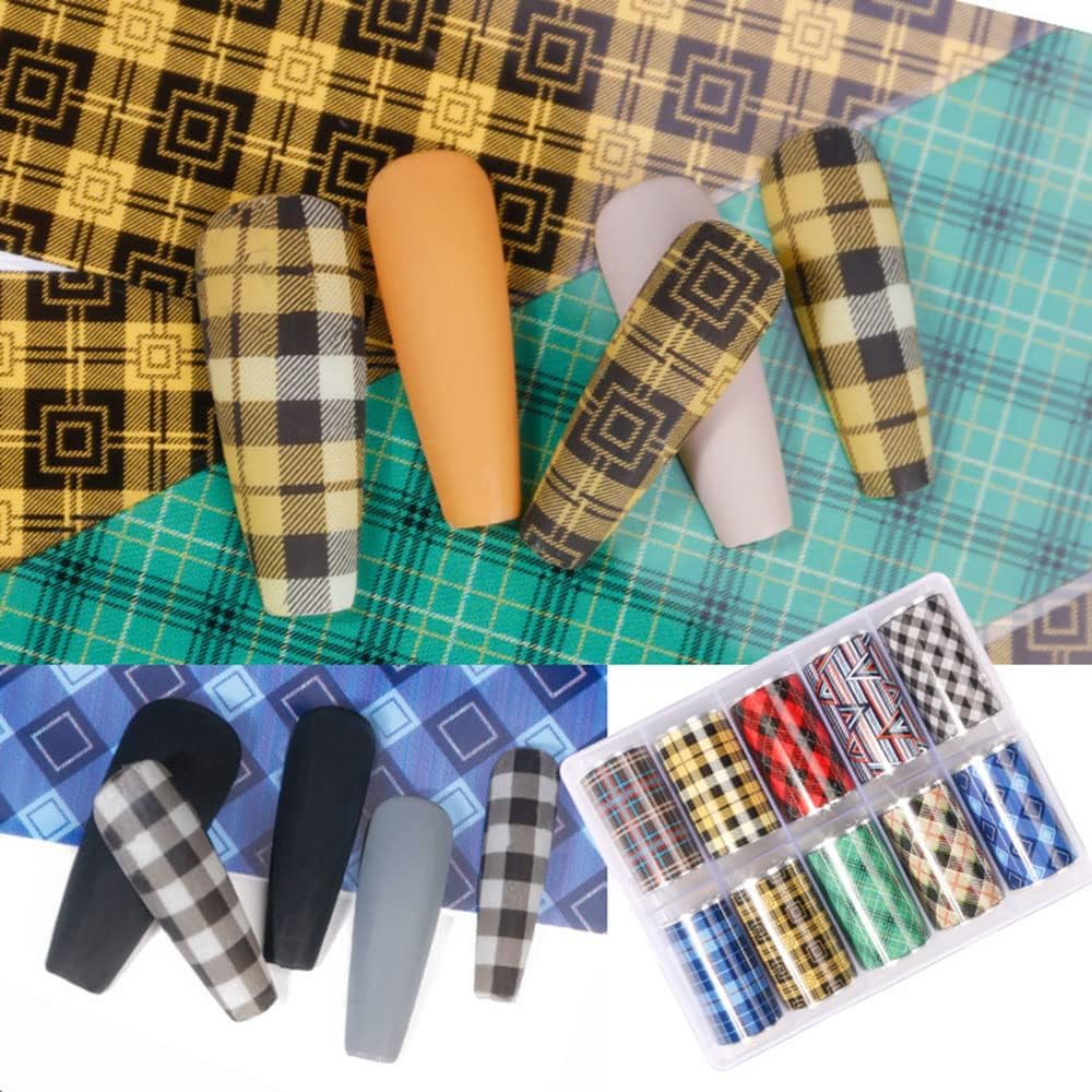 10 Colors Buffalo Plaid Nail Art Foils Christmas Nail Transfer Stickers Supplies Buffalo Plaid Design Nail Decal Tips Wraps Adhesive Glitters Acrylic DIY Nail Decoration