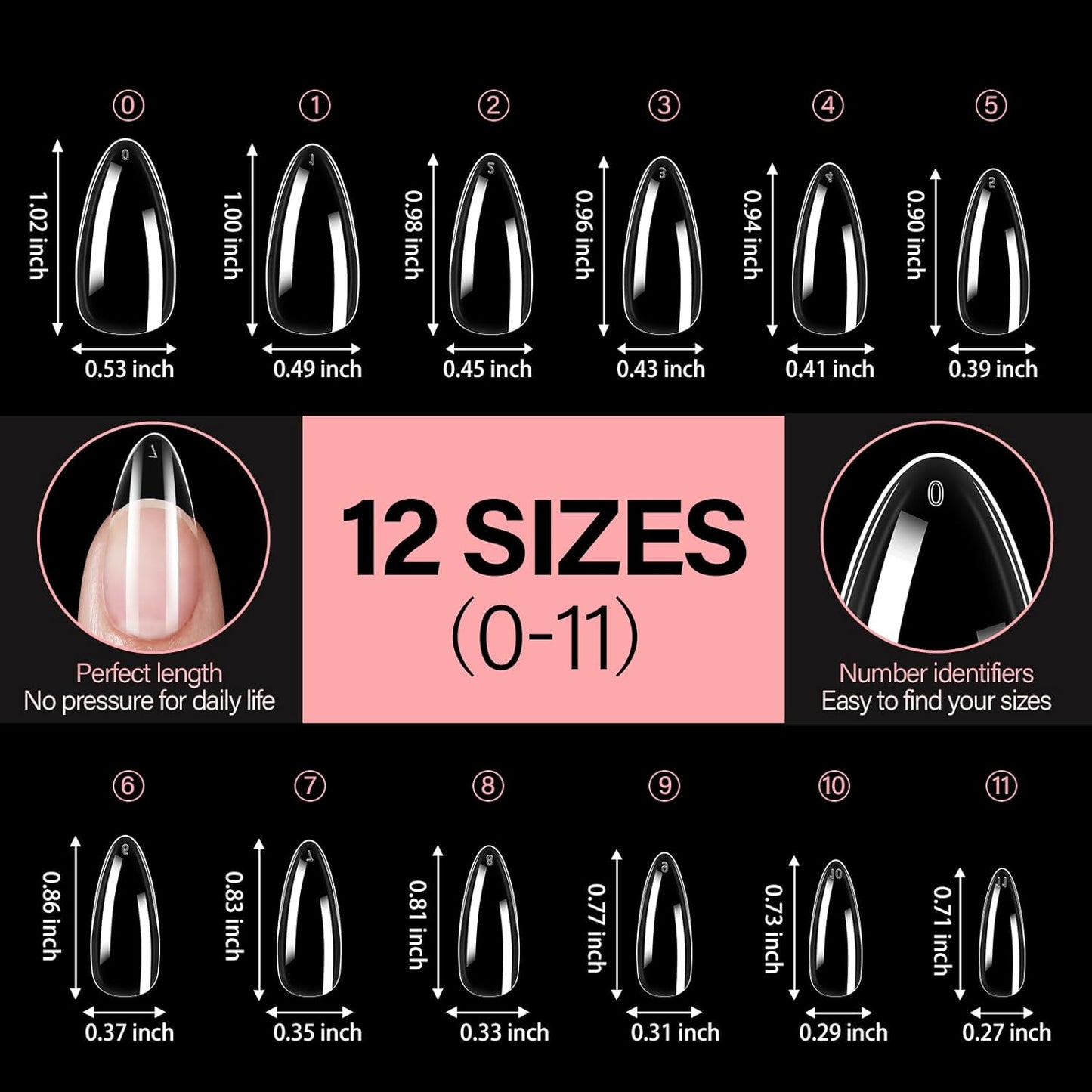 AILLSA Medium Almond Nail Tips Soft Clear Gel Nails Tips Preshaped Full Cover Nails Tip False Gelly Nail Tip for Nails Extension with Storage Box 216pcs 12 Sizes