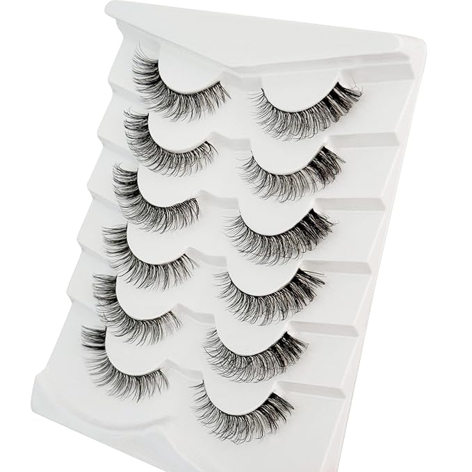 Cat Eye Lash Wispy Lashes False Eyelashes Natural Look, Yasnai 3D Fluffy Fake Lashes Volume Lashes, Natural Fake Eyelash Strips Lashes Natural False Lashes Clear Band 6 Pairs Pack
