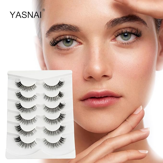 Cat Eye Lash Wispy Lashes False Eyelashes Natural Look, Yasnai 3D Fluffy Fake Lashes Volume Lashes, Natural Fake Eyelash Strips Lashes Natural False Lashes Clear Band 6 Pairs Pack
