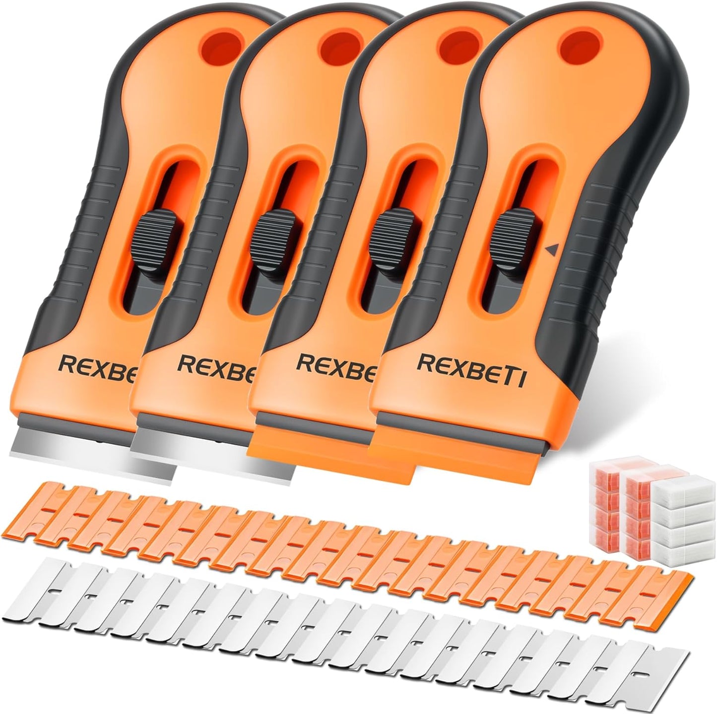 REXBETI Razor Blade Scraper Tool, 4 Pack Razor Scraper Set with Extra 120Pcs Razor Blades- 40Pcs Metal and 80Pcs Plastic Blades, Cleaning Scraper Tool, Cooktop Scraper, Paint Scraper, Glass Scraper