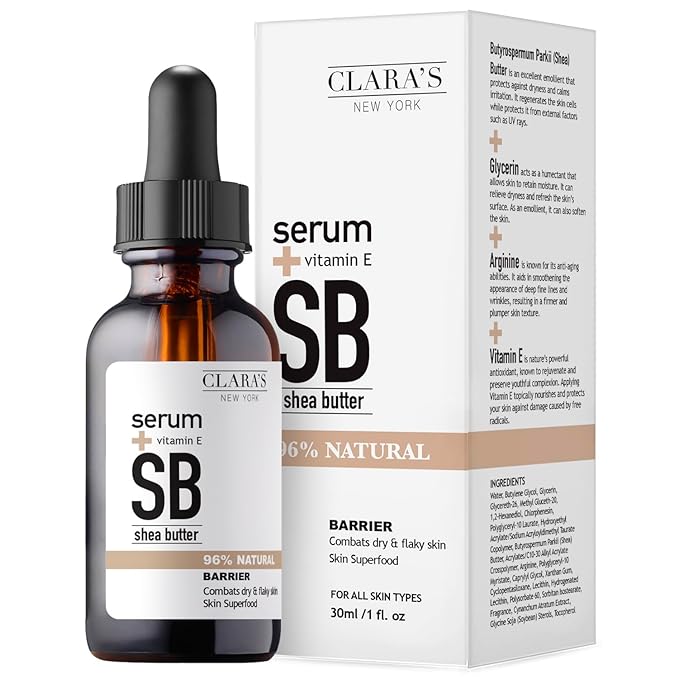 CLARA'S NEW YORK Glycolic Acid Facial Serum with Vitamin E for Exfoliating Smoothing Glowing Face Skin - Made in USA 30ml (1Fl/Oz) (Shea Butter)