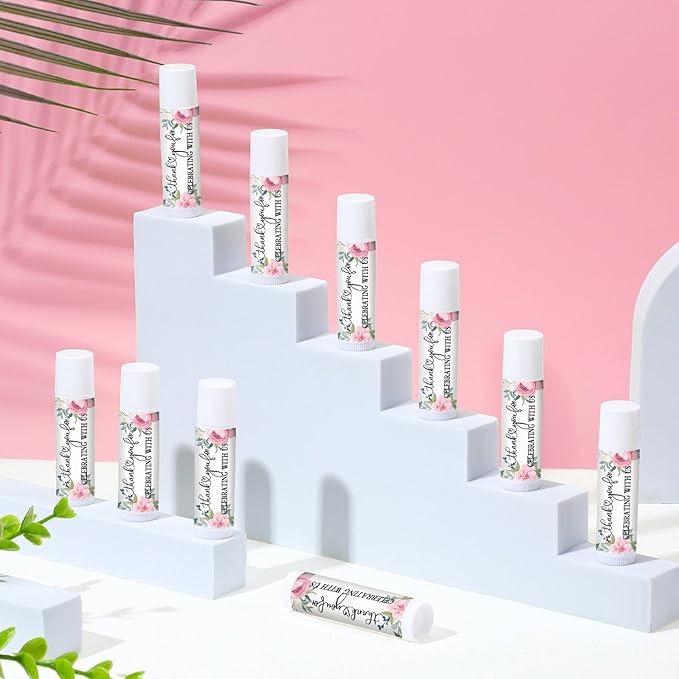 50 Pcs Pink Flowers Wedding Bridal Shower Gifts Bulk Floral Lip Balm Baby Shower Party Favors Thank You Appreciation Gifts for Women Tea Bachelorette Party