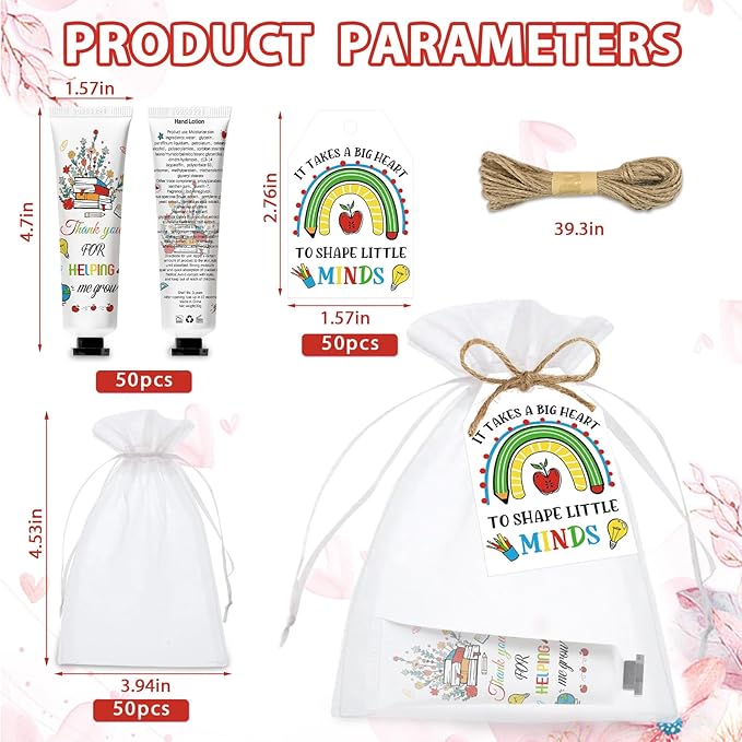 50 Pcs Teacher's Day Hand Cream Gifts Bulk Teacher Appreciation Gifts Include Organza Bags Thank You Tags Inspirational for Women Girls Travel Size Moisturizing Hand Lotion Supplies(teacher's day)