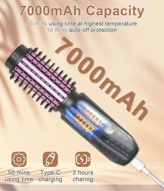 Cordless Hair Curling Iron Brush, 1.5" Mini Cordless Hair Curler, 3-in-1 Travel Curling Brush Hair Straightener Comb Rechargeable, 410℉ Heated Ionic Curling Tool for All Styles, Black