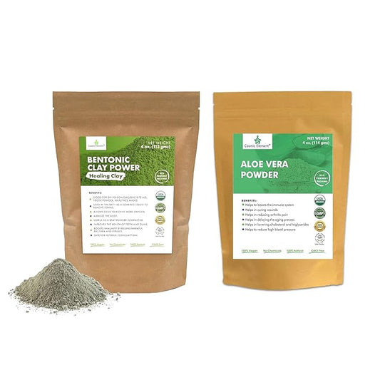 100% Pure Calcium Bentonite Clay Powder | Skin Care Detox - Deep Pore Cleansing Face & Body 4 oz & Aloe Vera Powder - Hydrating After Sun Care | for Face, Body, Skin & Hair care -4oz
