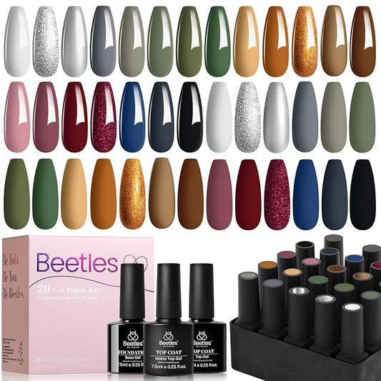Beetles Fall Gel Nail Polish Set – Industrial City 23Pcs Gel Polish Kit, Burgundy Brown Gold Nude Pink Black White Glitter with Base Matte Glossy Top Coat Soak off UV Gel Nail Polish for Women