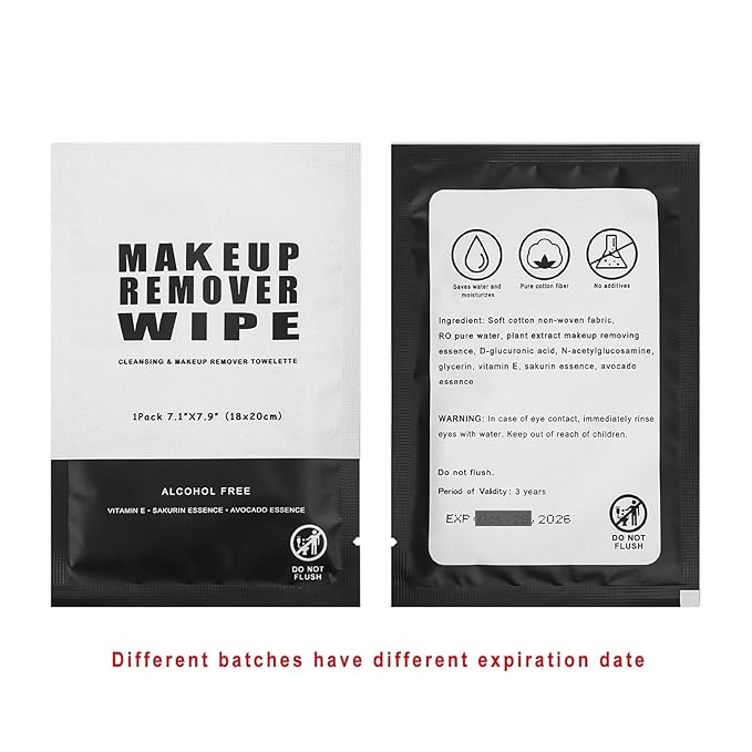 50 pcs Makeup Remover Wipes Bulk Individually Wrapped Makeup Wipes Single Makeup Remover Cloth Facial Cleansing Pads for Mascara Lipstick Oil Dirt Face Skin Travel Hotel (Black)