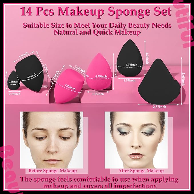 14 Pcs Makeup Sponges,Beauty Sponges Blender with 4 Pcs Powder Puff and 4 Pcs Mini Make up Sponges Valentine's Day Gift,Mother's Day Gift for Women Liquid,Foundation,Powder,Concealer(Black,Hot pink)