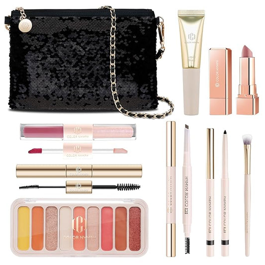 Color Nymph Teen Girls Makeup Kit, Black Sequin Make Up Bag with Makeup Sets For Teens Makeup Gift Kit Bag For Girls Eyeshadow Palette Lip Gloss Eyeliner Mascara Fit For Wedding Party Cocktail Prom