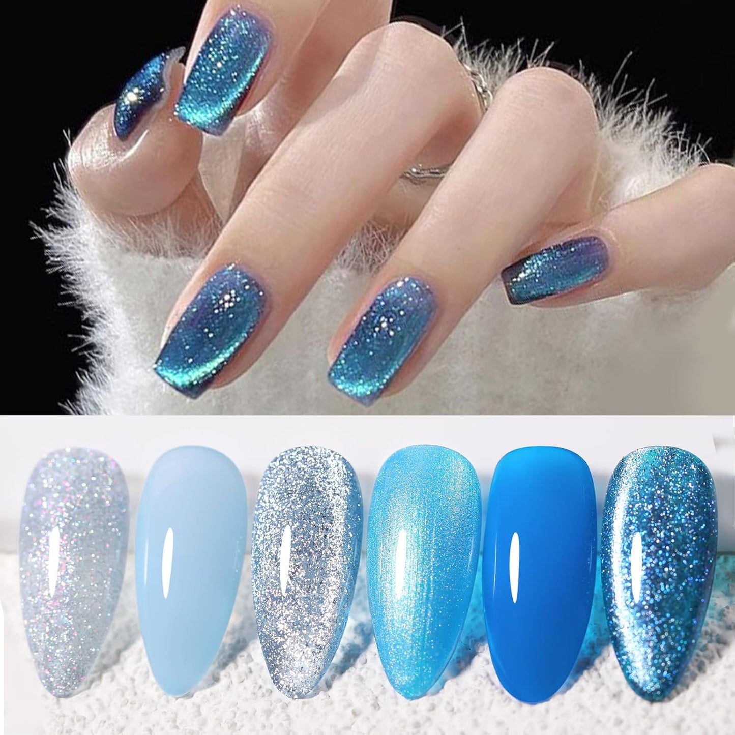 Born Pretty Gel Nail Polish Blue Series,Jelly Transparent,Cat Magnetic Eye,Shimmer Glitter Holographic Blue Gel Polish Kit for Salon Manicure and Nail Art DIY at Home 6Colors