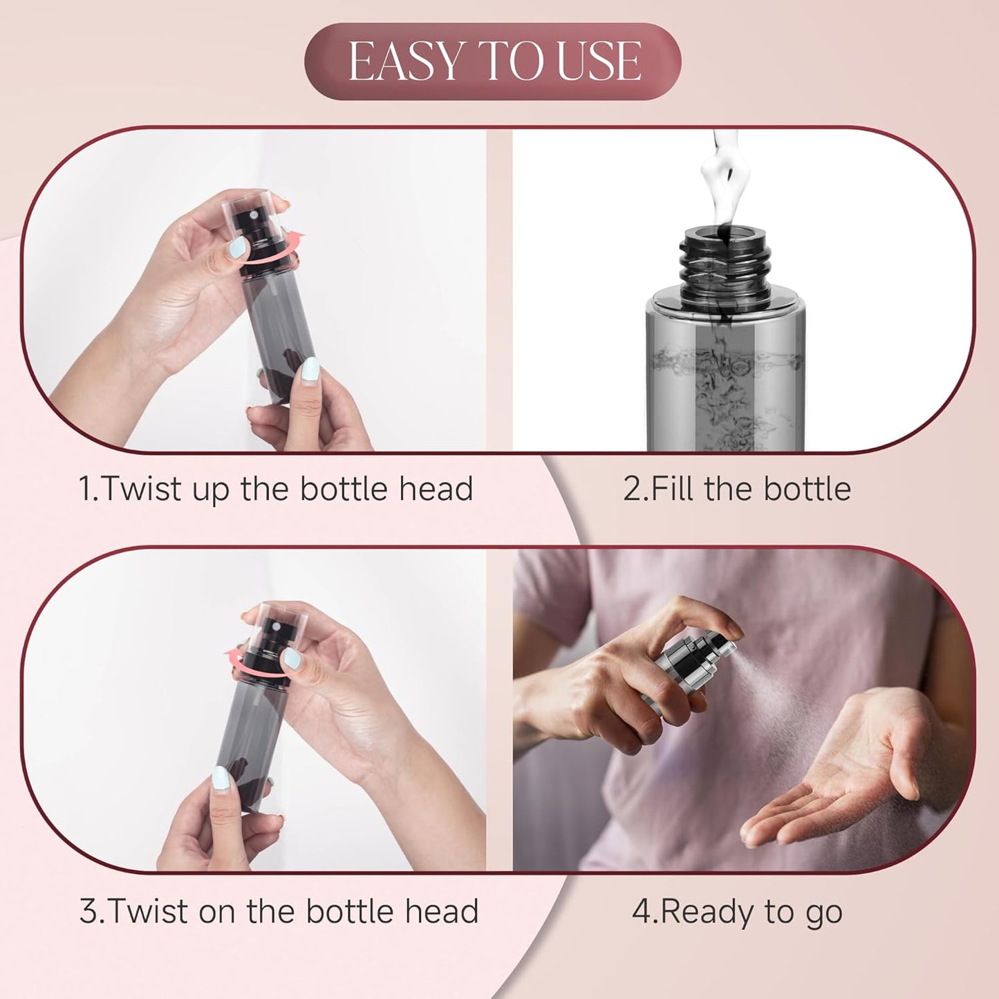 5Pack Small Spray Bottle, Black Plastic Fine Mist Mini Spray Bottles, Empty Refillable Travel Bottles for Hair, Cleaning, Salons, Planting, Skin Care