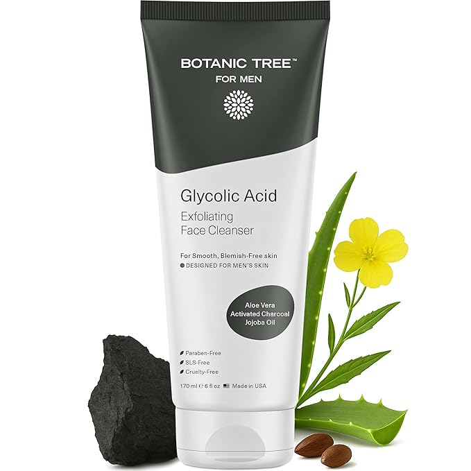 Botanic Tree Glycolic Acid Exfoliating Face Wash for Men - Facial Exfoliating Cleanser, Face Scrub - 2.5% Glycolic Acid with Activated Charcoal - 6 fl oz