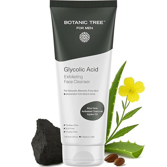 Botanic Tree Glycolic Acid Exfoliating Face Wash for Men - Facial Exfoliating Cleanser, Face Scrub - 2.5% Glycolic Acid with Activated Charcoal - 6 fl oz