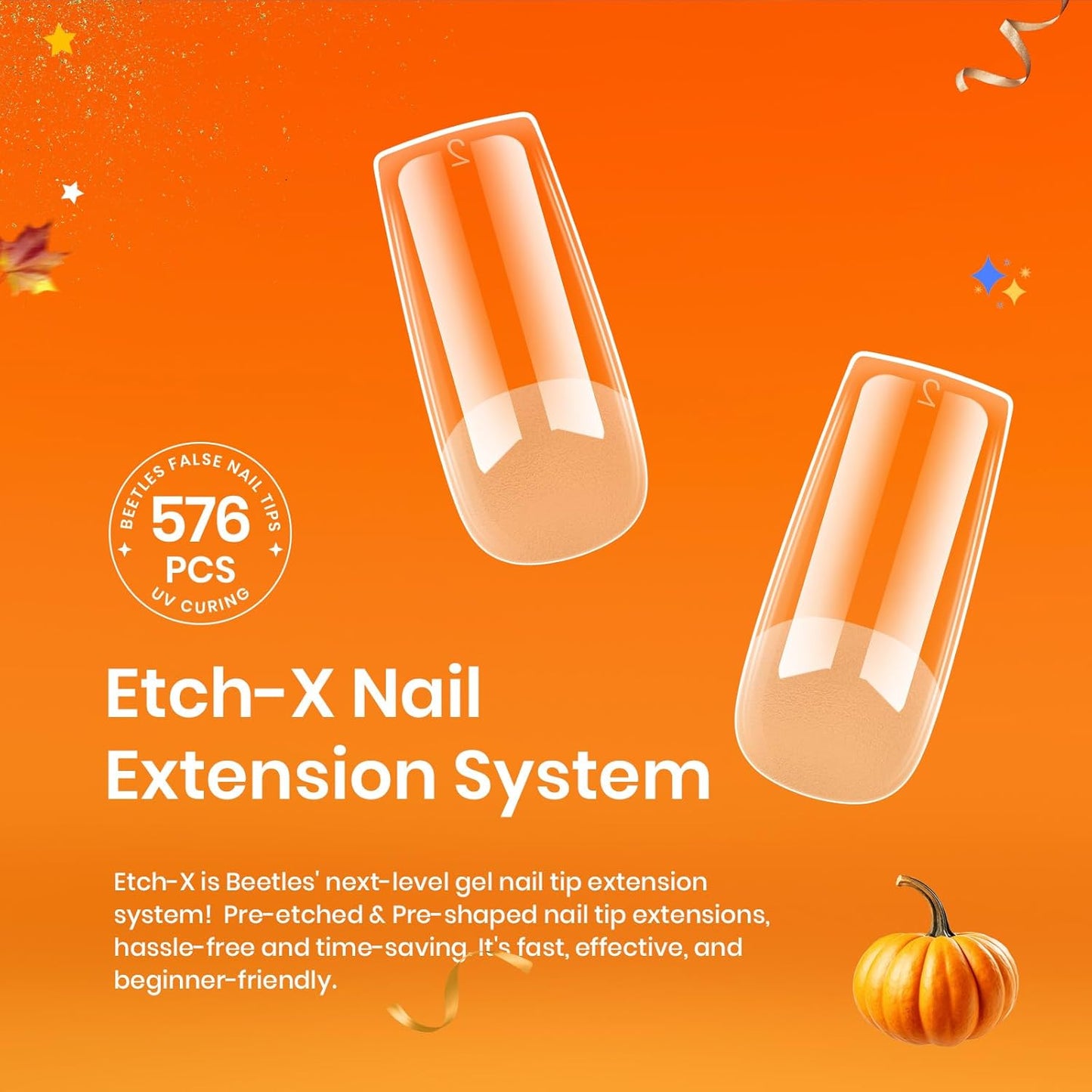 Beetles Nail Tips Medium Square 576Pcs 12 Sizes - Pre-Etched Soft Acrylic Nail Tips Half Matte False Nails Nail Art Full Cover Press Ons Nail Extensions Gift Set Home DIY Nail Salon