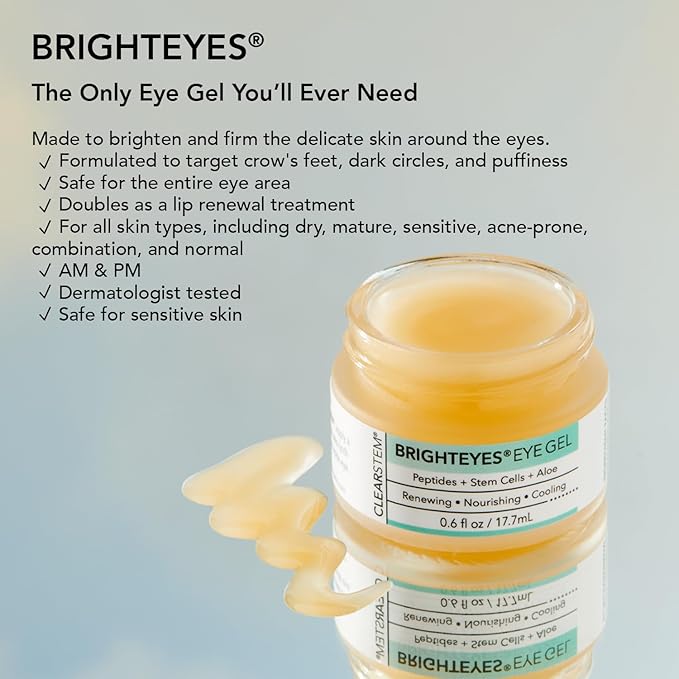 CLEARSTEM - BRIGHTEYES - Eye Gel - Nourishing Eye Cream - Lip Renewal - Cooling Gel - Stem Cells Blend - Peptides, Collagen, Aloe Vera - Gluten Free - Beauty, Self Care, Skin Care - 0.6 fl oz