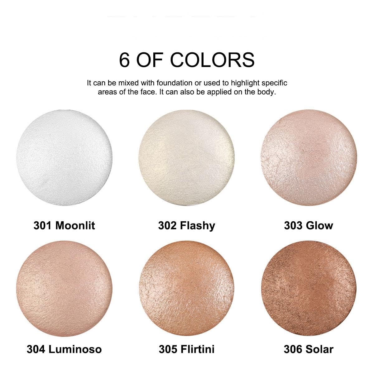 Baked Highlighter Contour Powder Sheer Pearl Shimmer Shades for Face Highlighter Makeup Brighten Up (302-Flashy)