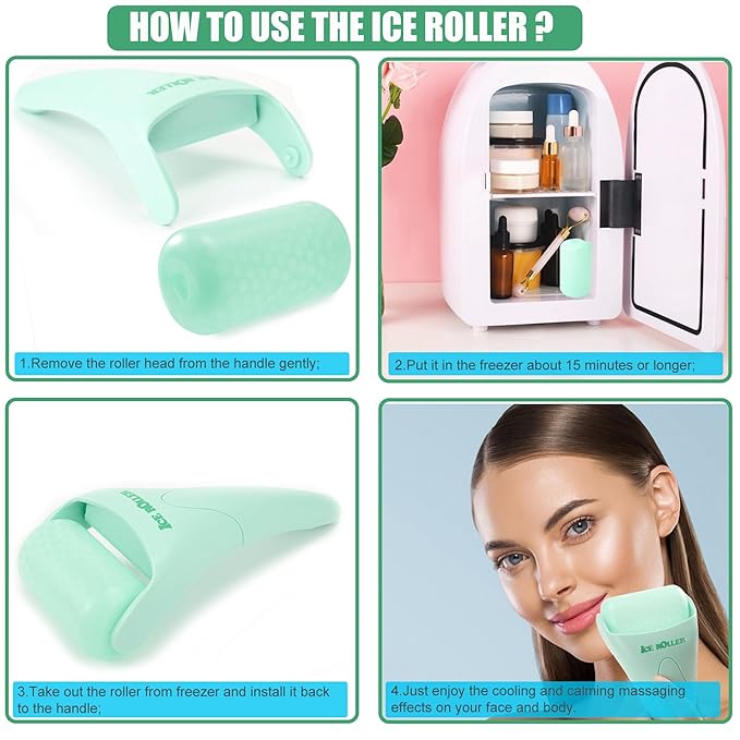 2 Pack Ice Roller for Face and Body Massage, Facial Roller Skin Care Tool for Reduce Wrinkles and Puffiness, Migraine Pain Relief and Skin Tighten, Cold Therapy for Cooling and Calming.(Pink+Green)