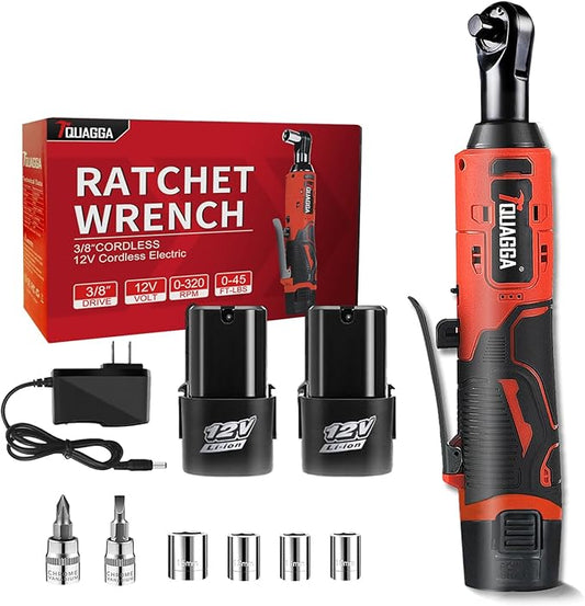 3/8" Cordless Electric Ratchet Wrench Set, 12V Power Ratchet Tool Kit With 2 Packs 2000mAh Battery And Charger, 45 FT-LBS Battery Powered Wrench with Infinitely Variable Speeds