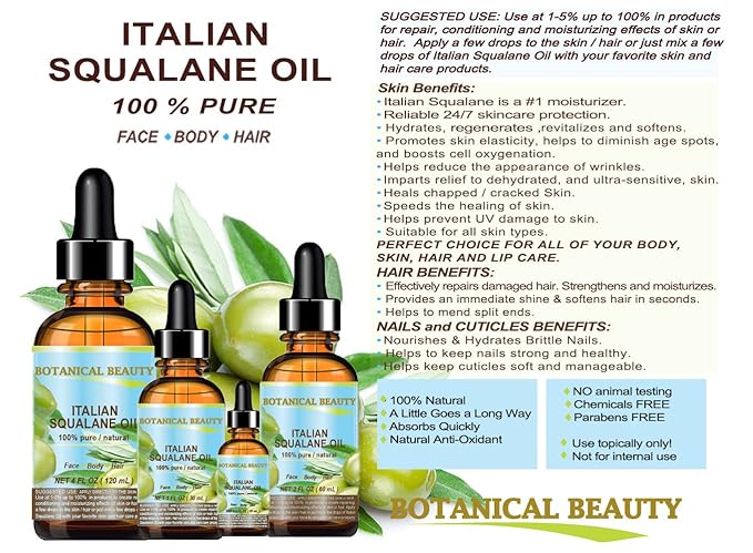 Botanical Beauty SQUALANE Italian. 100% Pure/Natural/Undiluted Oil. 100% Ultra-Pure Moisturizer for Face, Body & Hair. Reliable 24/7 skincare protection. 4 fl.oz- 120 ml