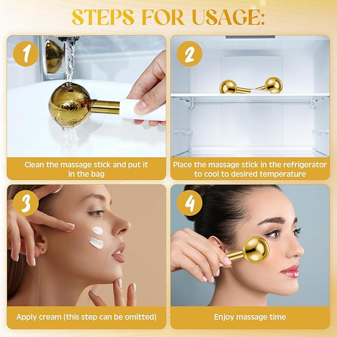 Baderke 2 Pcs Ice Globes for Face Stainless Steel Cooling Globes Unbreakable Cooling Roller Women Ice Balls Cryo Sticks Face Skin Care for Dark Circles, Puffiness(Gold (white Handle))