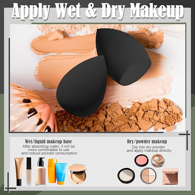 17PCS Makeup Sponge Set with 3PCS Mini Makeup Sponges,1PCS Make Up Sponges Holder,3PCS Foundation Mini Make Up Sponge Puff and 6PCS Powder Puff (Black)