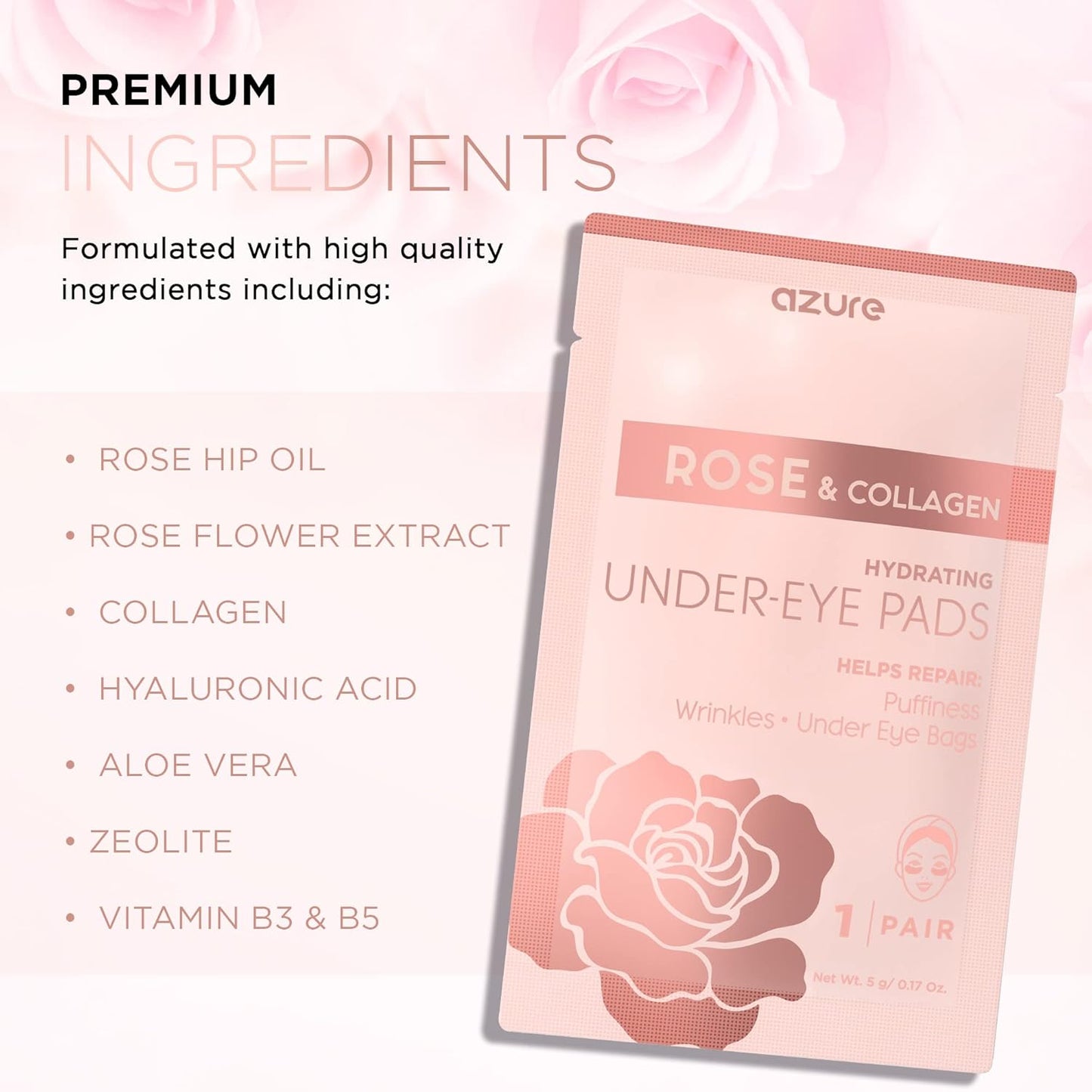 AZURE Rose & Collagen Hydrating Under Eye Pads - Anti Aging, Revitalizing & Moisturizing Eye Mask Patches - Reduces Fine Lines, Wrinkles, Dark Circles & Puffiness - Skin Care Made in Korea - 5 Pairs