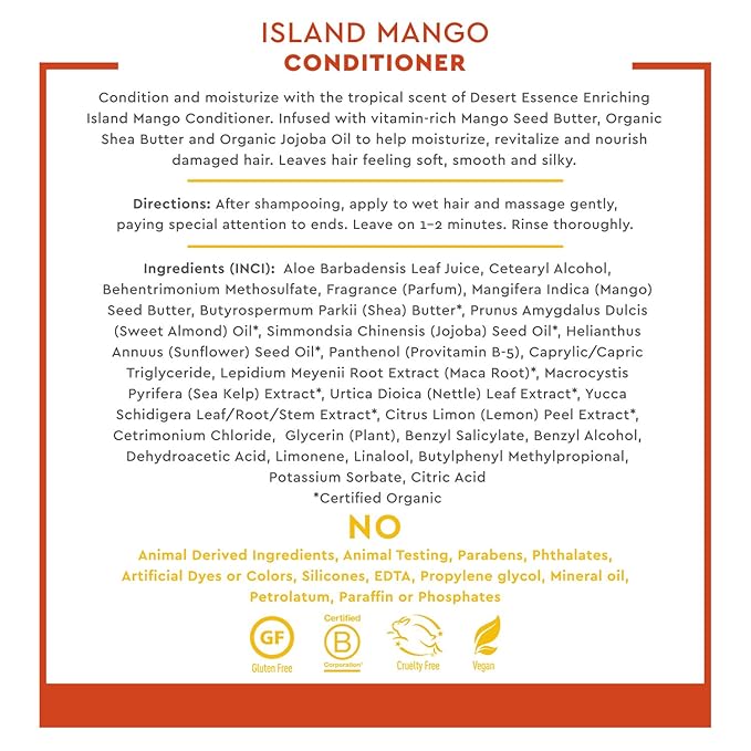 Desert Essence Island Mango Conditioner - 8 Fl Ounce - Enriching - Detangles Hair - Naturally Moisturizes - Soft & Supple - Refreshing - Smooth & Silky - Shea Butter - Jojoba Oil