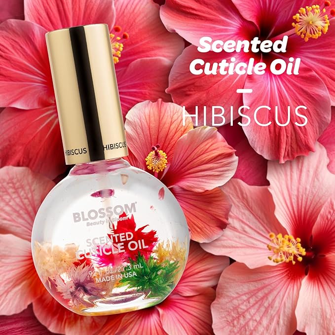 Blossom Cuticle Oil for Nails, Hydrating, Moisturizing, Scented Nail Oil Cuticle Care, Infused with Real Flowers, Made in USA, 0.92 fl. oz, Hibiscus