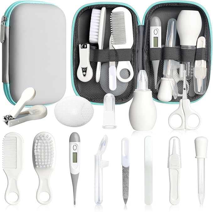 Baby Healthcare and Grooming Kit, 14 in 1 Baby Safety Set Newborn Nursery Health Care Set with Hair Brush Scale Nail Clippers for Baby Girls Boys (14 Kits Grey White)