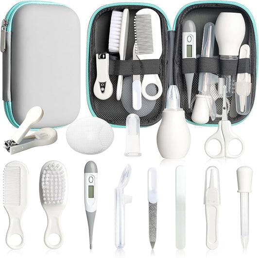 Baby Healthcare and Grooming Kit, 14 in 1 Baby Safety Set Newborn Nursery Health Care Set with Hair Brush Scale Nail Clippers for Baby Girls Boys (14 Kits Grey White)
