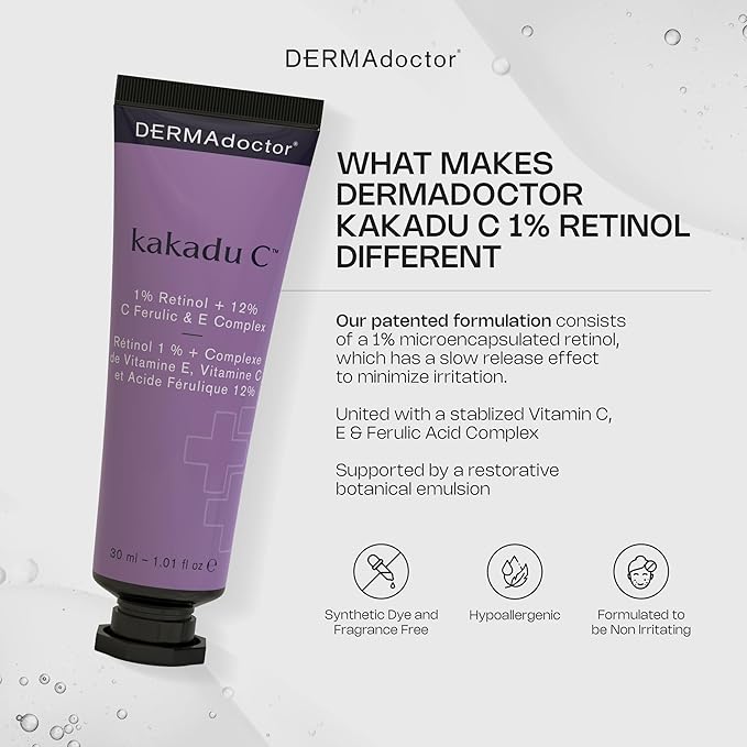 DERMAdoctor Retinol Cream for Face - Stable Vitamin C & E, Ferulic Acid Anti Aging Face Cream 1% Retinol Vitamin C Facial Moisturizer Night-Cream for Dullness, Discoloration, Fine Lines, & Wrinkles