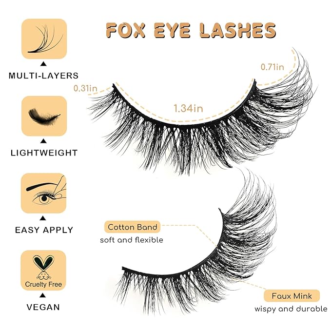 Cat Eye Lashes Natural Fox Eyelash Wispy Russian Strip Eyelashes D Curl Fake Fairy Lash Strips Fluffy Spiky Cateye Lashes Wispies False Eyelash Foxy Look