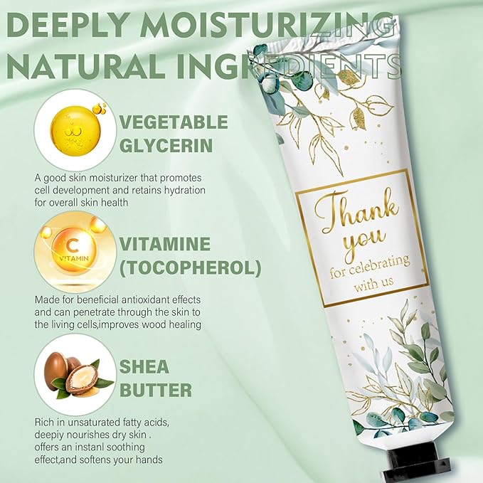 50 Sets Greenery Baby Shower Hand Cream Bulk Gifts, Wedding Bridal and Baby Shower Party Favors for Guests,Travel Size Hand Lotion Set with Thank You Card and Organza Gift Bags(greenery)