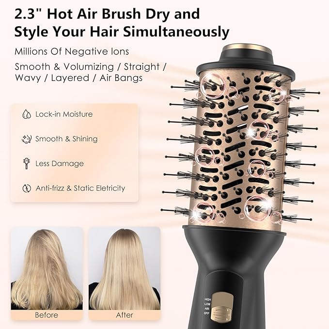 4-in-1 Dual Voltage Hair Dryer Brush, Mini Auto Blow Dryer Brush for European Travel(100-250V), 2 Inch Hot Air One Step Hair Dryer and Styler for Volumizer/Straightener/Curler with EU&UK Plug