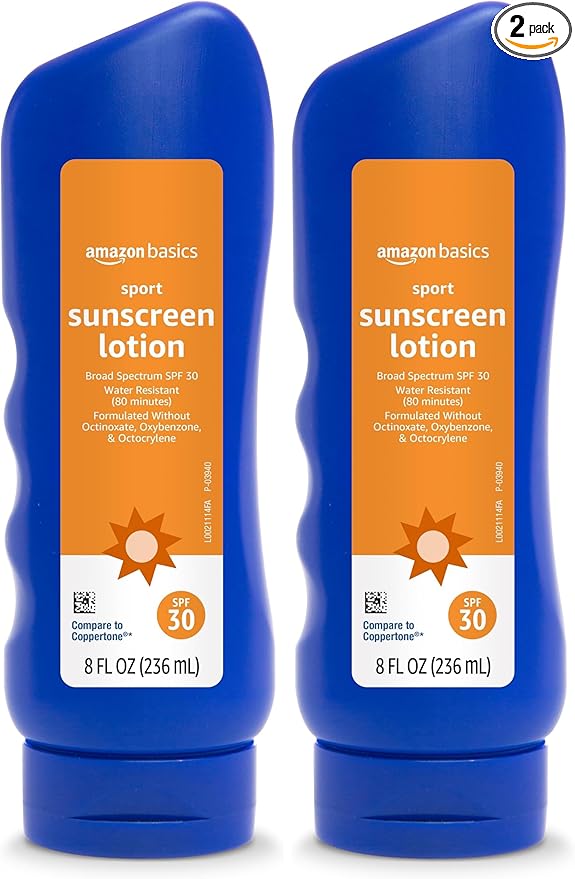 Amazon Brand - Solimo Sport Sunscreen Lotion, SPF 30, Reef Friendly (Octinoxate & Oxybenzone Free), Broad Spectrum UVA/UVB Protection, 8 fl oz (Pack of 2)